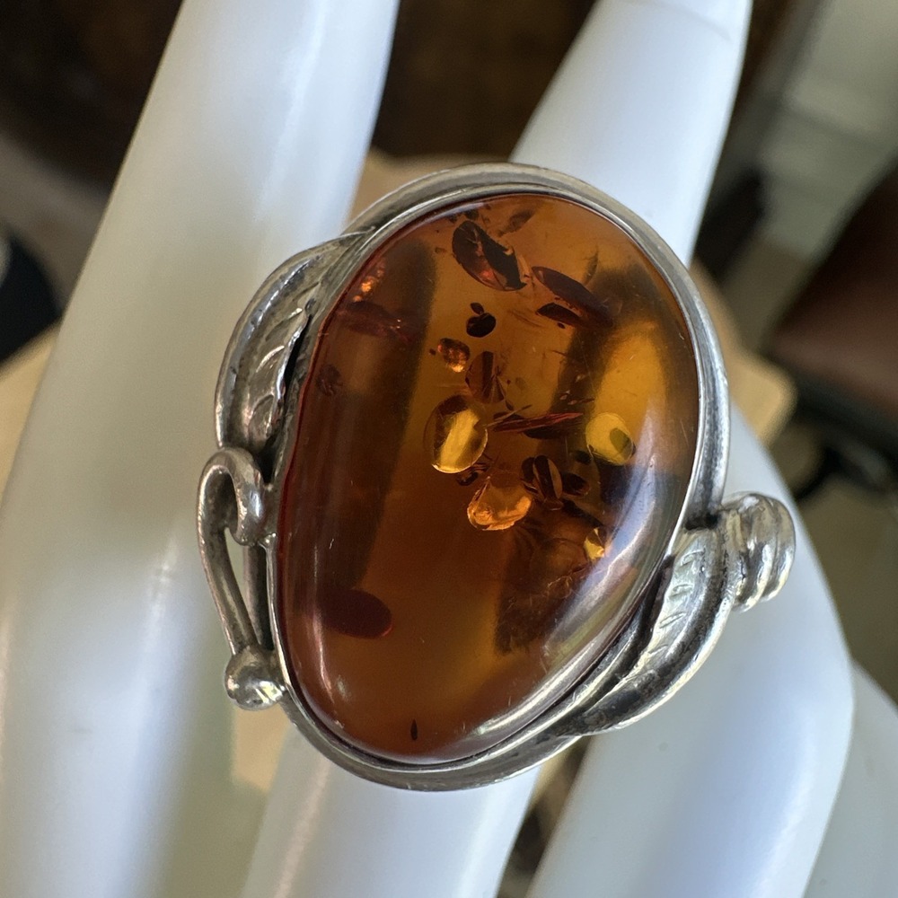 Vintage Artisan Brutalist Ring Size 7 Poland Baltic Amber 925 Sterling 12.5g MCM